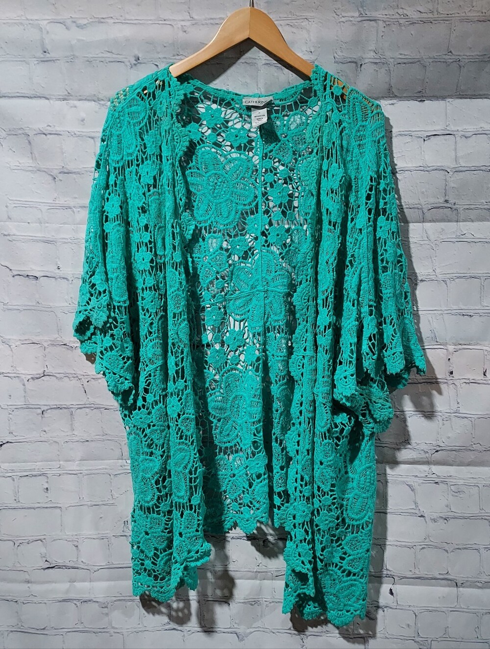 Catherines 3X Kimono Duster Cardigan Open Crochet Teal Boho Hippie Cottagecore